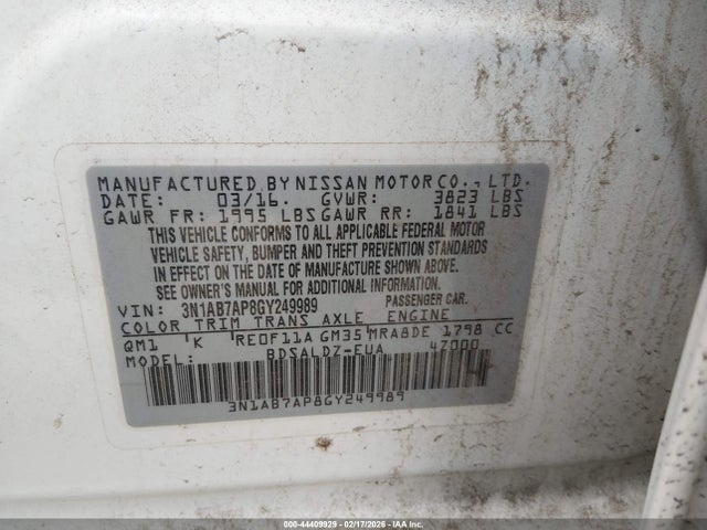44409929 :رقم المزاد ، 3N1AB7AP8GY249989 vin ، 2016 Nissan Sentra Sv مزاد بيع