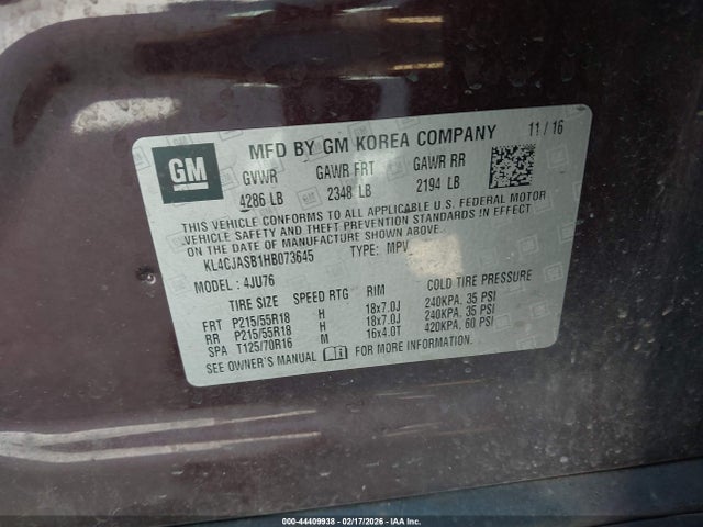 44409938 :رقم المزاد ، KL4CJASB1HB073645 vin ، 2017 Buick Encore Preferred مزاد بيع