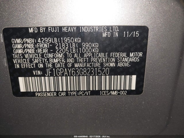 JF1GPAY63G8231520 Subaru Impreza 2.0i Sport Limited