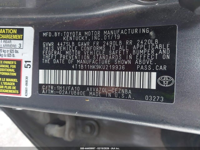 4T1B11HK9KU219936 Toyota CAMRY LE