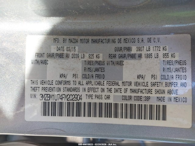 44410023 :رقم المزاد ، 3MZBM1U74FM202904 vin ، 2015 Mazda Mazda3 I Sport مزاد بيع
