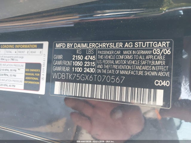 Продажа на аукционе авто 2006 Mercedes-benz Clk 500, vin: WDBTK75GX6T070567, номер лота: 44410039