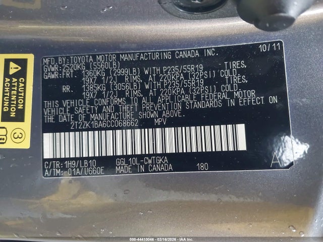 Aukcja sprzedaży 2012 Lexus Rx 350, vin: 2T2ZK1BA6CC068662, numer aukcji: 44410046