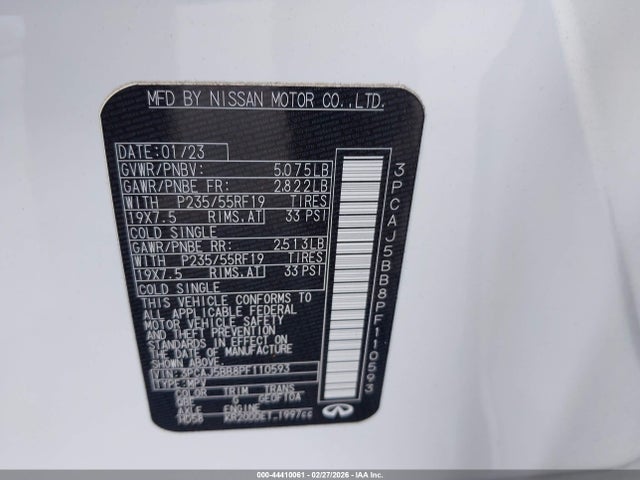 44410061 :رقم المزاد ، 3PCAJ5BB8PF110593 vin ، 2023 Infiniti Qx50 Luxe Awd مزاد بيع