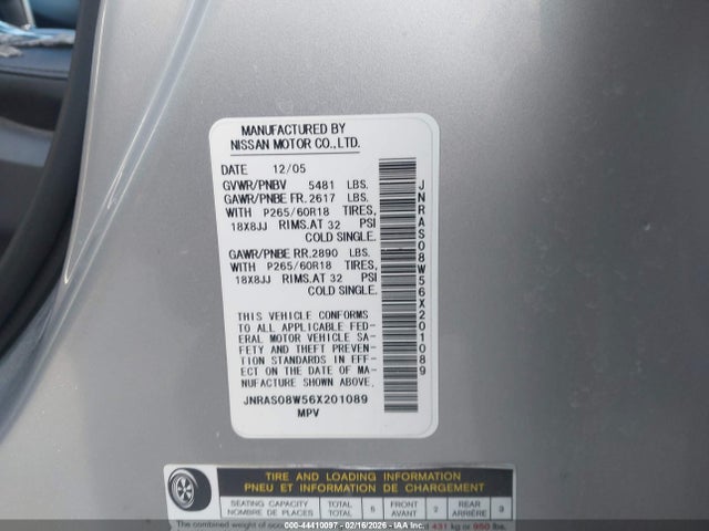 Aukcja sprzedaży 2006 Infiniti Fx35, vin: JNRAS08W56X201089, numer aukcji: 44410097