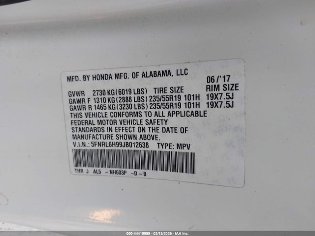 5FNRL6H99JB012638 Honda Odyssey Elite