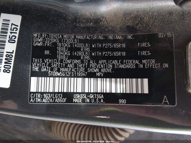 44410199 :رقم المزاد ، 5TDBW5G12FS118947 vin ، 2015 Toyota Sequoia Sr5 5.7l V8 مزاد بيع