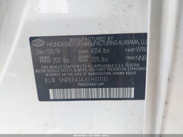 Продаж на аукціоні авто 2020 Hyundai Sonata Sel, vin: 5NPEF4JAXLH011131, номер лоту: 44410215