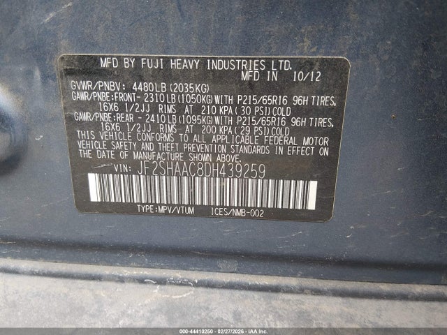 44410250 :رقم المزاد ، JF2SHAAC8DH439259 vin ، 2013 Subaru Forester 2.5x مزاد بيع