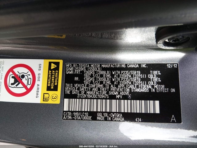 44410258 :رقم المزاد ، 2T2ZK1BA3DC109475 vin ، 2013 Lexus Rx 350 مزاد بيع