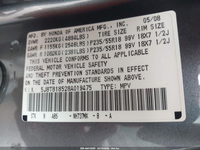 44410259 :رقم المزاد ، 5J8TB18528A019475 vin ، 2008 Acura Rdx مزاد بيع