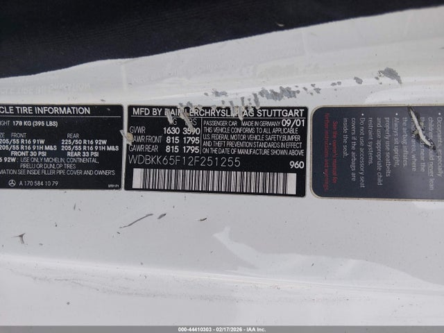 44410303 :رقم المزاد ، WDBKK65F12F251255 vin ، 2002 Mercedes-benz Slk 320 مزاد بيع