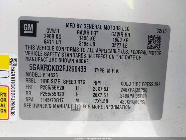 44410320 :رقم المزاد ، 5GAKRCKD2FJ290438 vin ، 2015 Buick Enclave Premium مزاد بيع