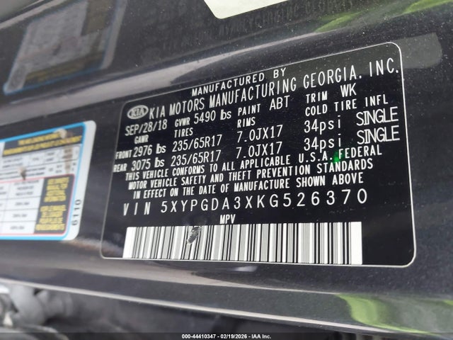 5XYPGDA3XKG526370 KIA Sorento 2.4l Lx