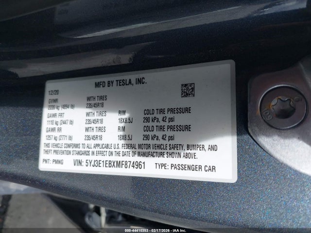 Продаж на аукціоні авто 2021 Tesla Model 3 Long Range Dual Motor All-wheel Drive, vin: 5YJ3E1EBXMF874961, номер лоту: 44410353