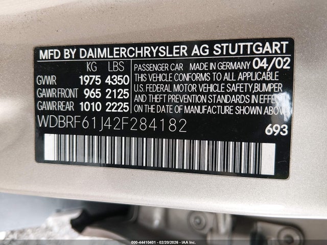 Aukcja sprzedaży 2002 Mercedes-benz C 240, vin: WDBRF61J42F284182, numer aukcji: 44410401