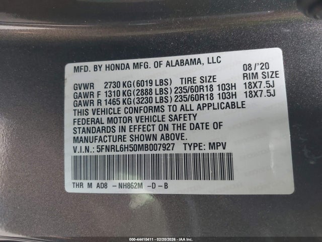 Honda ODYSSEY EX 2021 5FNRL6H50MB007927 Image 9