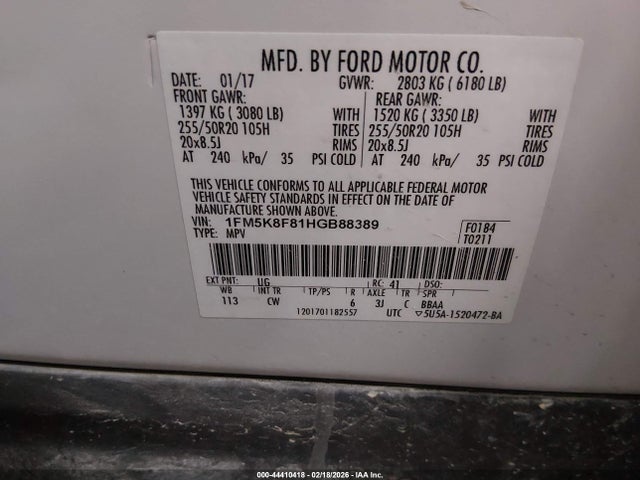 Aukcja sprzedaży 2017 Ford Explorer Limited, vin: 1FM5K8F81HGB88389, numer aukcji: 44410418