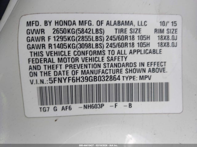 5FNYF6H39GB032864 Honda Pilot Ex