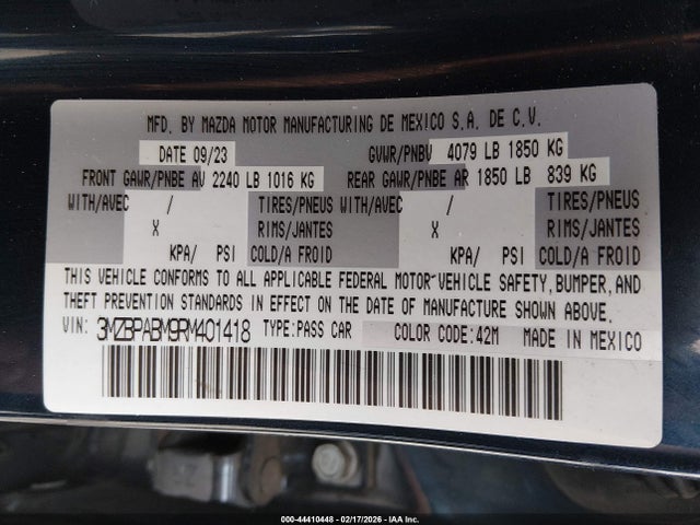 2024 Mazda Mazda3 2.5 S Select Sport მანქანა იყიდება აუქციონზე, vin: 3MZBPABM9RM401418, აუქციონის ნომერი: 44410448