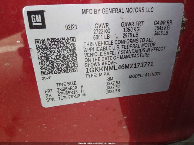 2021 Gmc Acadia Fwd Slt მანქანა იყიდება აუქციონზე, vin: 1GKKNML46MZ173771, აუქციონის ნომერი: 44410520