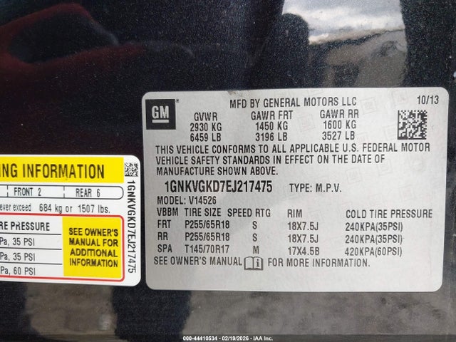 44410534 :رقم المزاد ، 1GNKVGKD7EJ217475 vin ، 2014 Chevrolet Traverse 1lt مزاد بيع