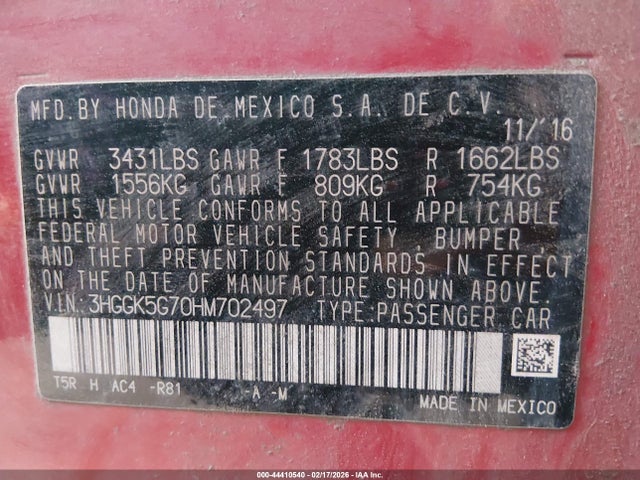 3HGGK5G70HM702497 Honda FIT EX