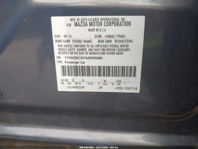 2010 Mazda Mazda6 I Grand Touring მანქანა იყიდება აუქციონზე, vin: 1YVHZ8CH7A5M55080, აუქციონის ნომერი: 44410551