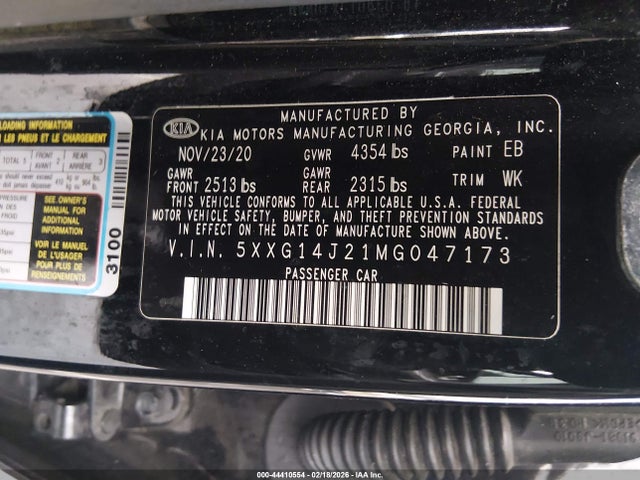 Aukcja sprzedaży 2021 Kia K5 Lxs, vin: 5XXG14J21MG047173, numer aukcji: 44410554