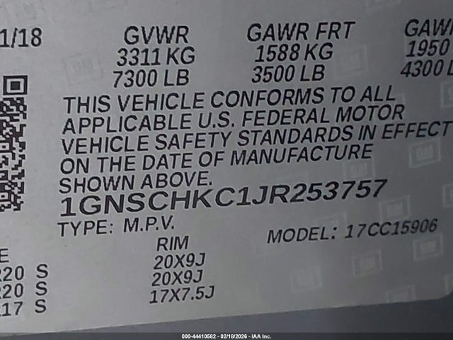 1GNSCHKC1JR253757 Chevrolet Suburban Lt