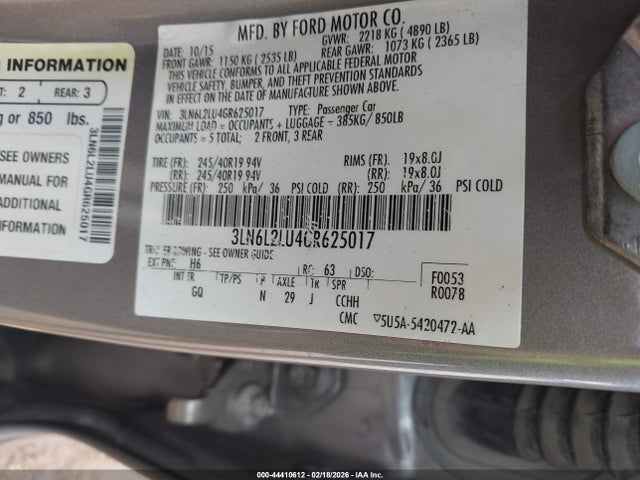 44410612 :رقم المزاد ، 3LN6L2LU4GR625017 vin ، 2016 Lincoln Mkz Hybrid مزاد بيع
