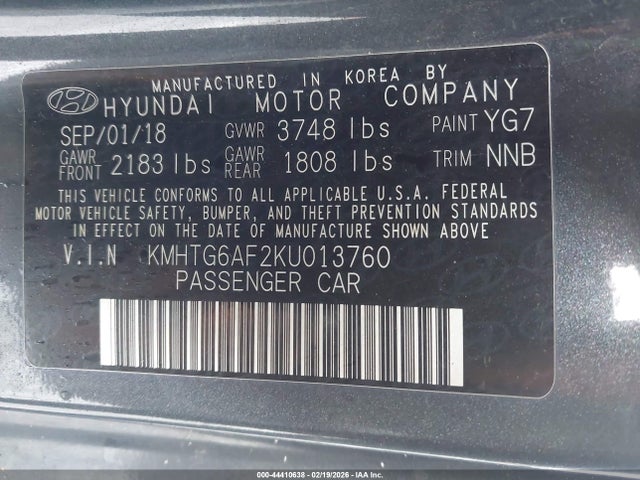 2019 Hyundai Veloster 2.0 მანქანა იყიდება აუქციონზე, vin: KMHTG6AF2KU013760, აუქციონის ნომერი: 44410638