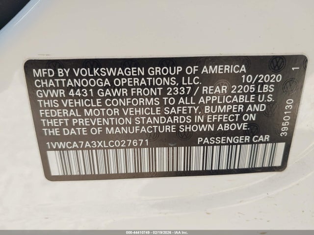 Продаж на аукціоні авто 2020 Volkswagen Passat 2.0t Sel, vin: 1VWCA7A3XLC027671, номер лоту: 44410749