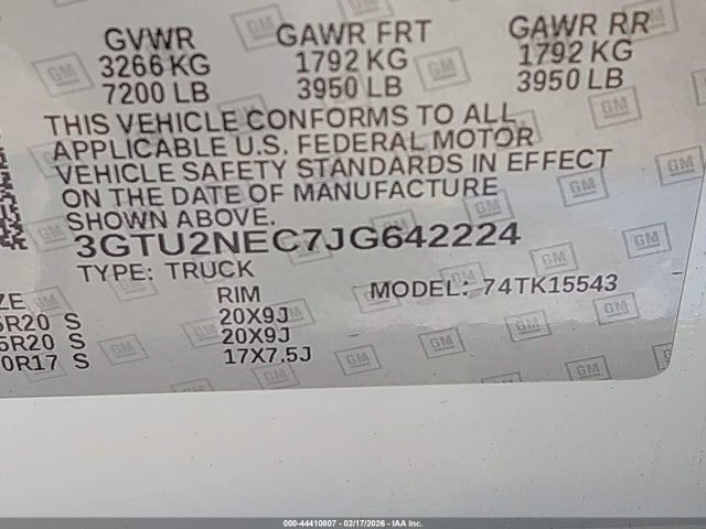 Aukcja sprzedaży 2018 Gmc Sierra 1500 Slt, vin: 3GTU2NEC7JG642224, numer aukcji: 44410807
