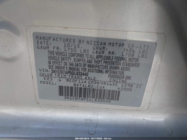 Продажа на аукционе авто 2016 Nissan Versa 1.6 S/1.6 S+/1.6 Sl/1.6 Sv, vin: 3N1CN7AP5GL833442, номер лота: 44410814