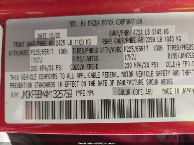 44410875 :رقم المزاد ، JM3KFBBM4M1325759 vin ، 2021 Mazda Cx-5 Sport مزاد بيع