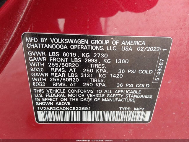 Aukcja sprzedaży 2022 Volkswagen Atlas 3.6l V6 Sel R-line, vin: 1V2AR2CA0NC522691, numer aukcji: 44410882
