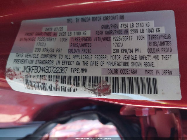 Auction sale of the 2025 Mazda Cx-5 2.5 S Preferred, vin: JM3KFBCM4S0722387, lot number: 44410886