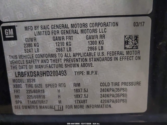2017 Buick Envision Essence მანქანა იყიდება აუქციონზე, vin: LRBFXDSA9HD200493, აუქციონის ნომერი: 44410906