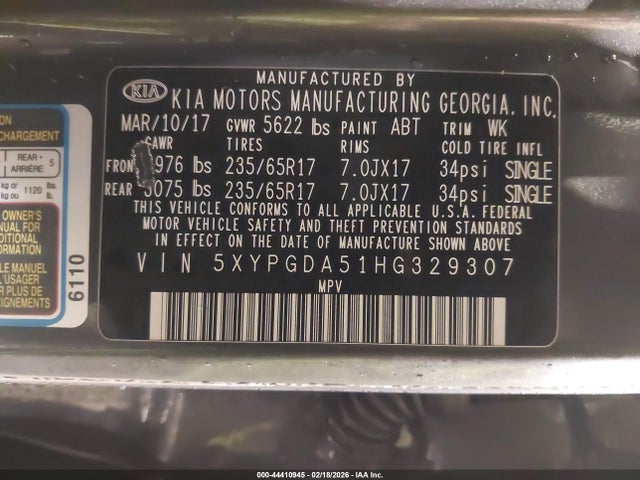 5XYPGDA51HG329307 KIA Sorento 3.3l Lx