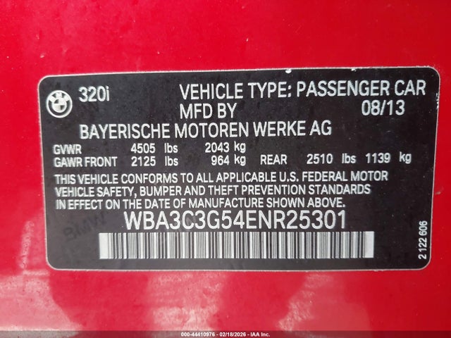 44410976 :رقم المزاد ، WBA3C3G54ENR25301 vin ، 2014 Bmw 320i Xdrive مزاد بيع