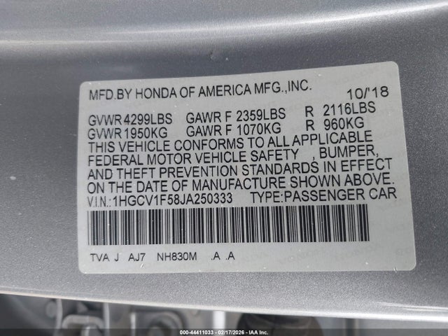 1HGCV1F58JA250333 Honda Accord Ex-l
