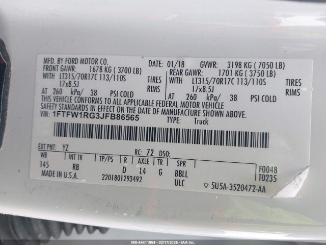 1FTFW1RG3JFB86565 Ford F-150 Raptor