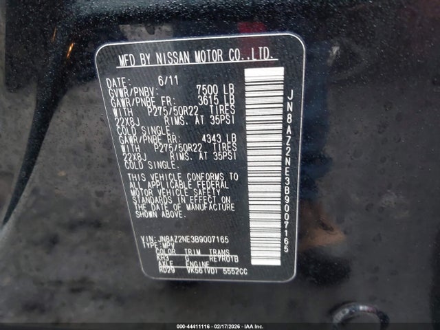2011 Infiniti Qx56 მანქანა იყიდება აუქციონზე, vin: JN8AZ2NE3B9007165, აუქციონის ნომერი: 44411116