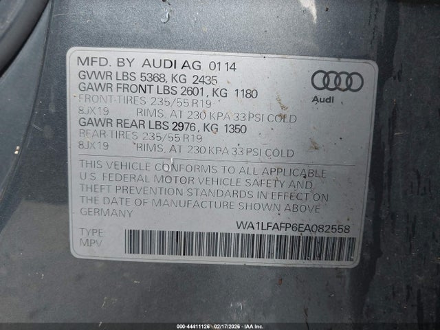 2014 Audi Q5 2.0t Premium მანქანა იყიდება აუქციონზე, vin: WA1LFAFP6EA082558, აუქციონის ნომერი: 44411126