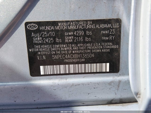 44411157 :رقم المزاد ، 5NPEC4ACXBH138504 vin ، 2011 Hyundai Sonata Se مزاد بيع
