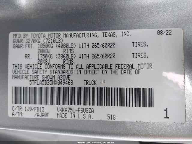 5TFLA5DB5NX049468 Toyota Tundra Sr5