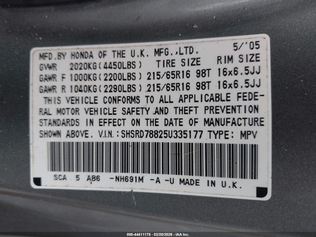 2005 HONDA CR-V SHSRD78825U335177 Photo 8