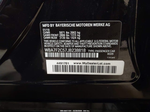 44411191 :رقم المزاد ، WBA7F2C57JB238818 vin ، 2018 Bmw Alpina B7 Xdrive مزاد بيع