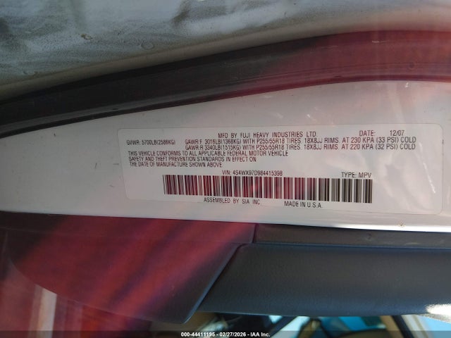 Продаж на аукціоні авто 2008 Subaru Tribeca Limited 7-passenger, vin: 4S4WX97D984415398, номер лоту: 44411195